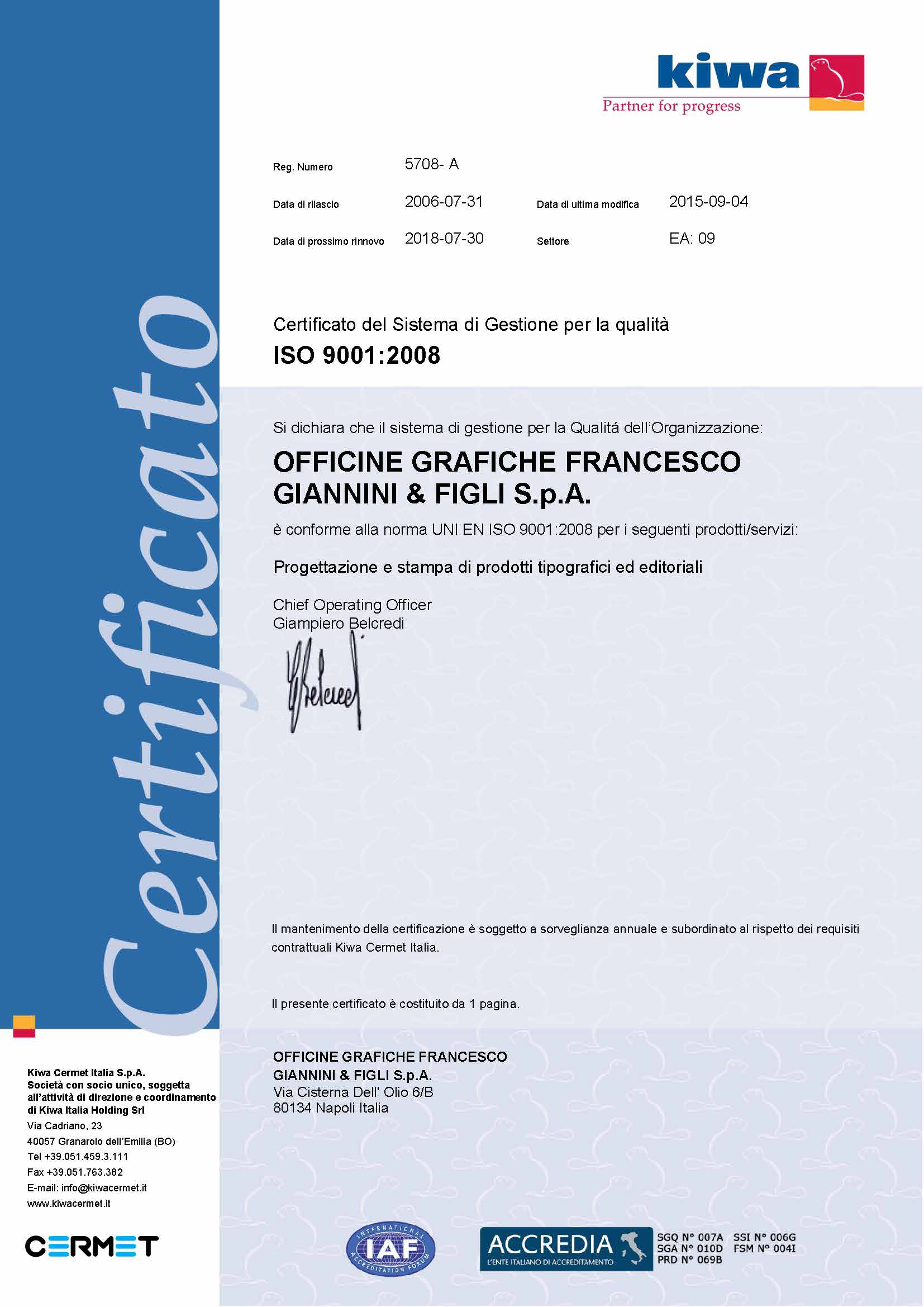 Rinnovo certificazione Iso 9001/2008